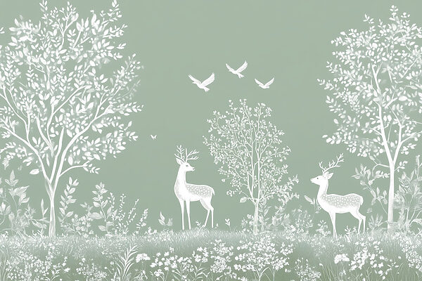 Witte herten en vogels in een veld Witte herten en vogels in een veld