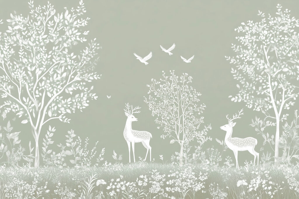 Witte herten en vogels in een bos Witte herten en vogels in een bos