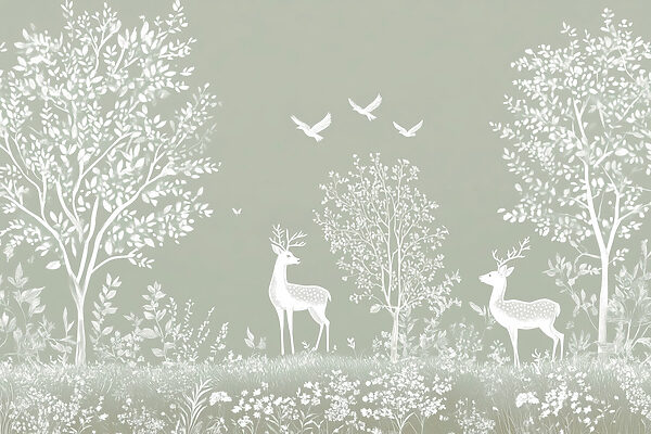 Witte herten en vogels in een bos Witte herten en vogels in een bos