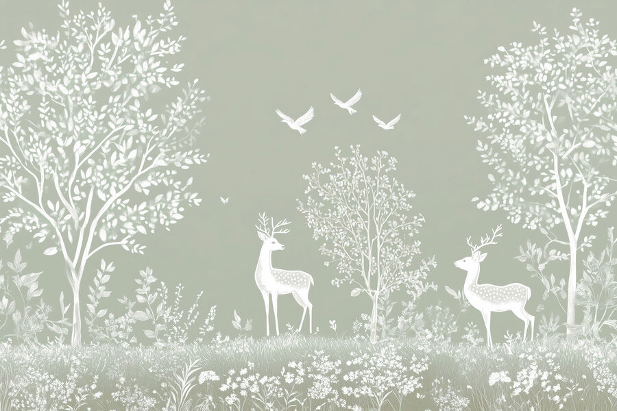 Witte herten en vogels in een bos