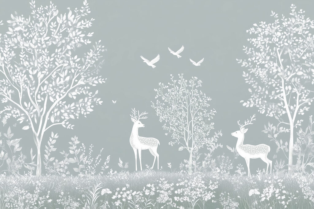 Witte herten en vogels in een bos Witte herten en vogels in een bos