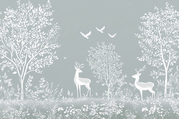 Witte herten en vogels in een bos Witte herten en vogels in een bos