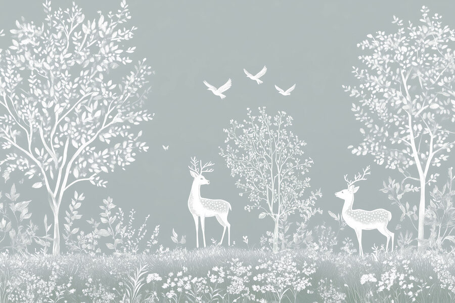 Witte herten en vogels in een bos