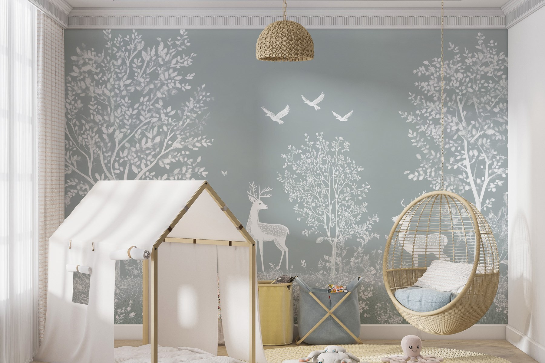 White deer and birds in a forest White deer and birds in a forest