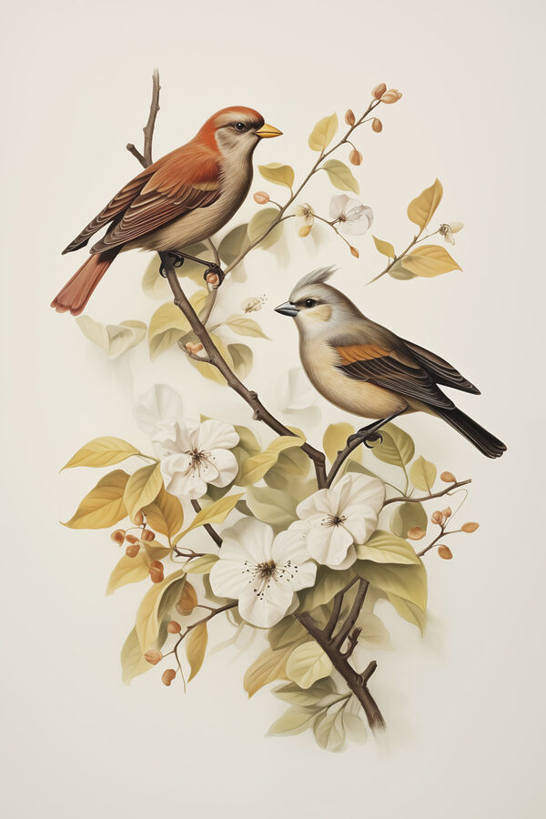 Twee vogels op een tak met bloemen Twee vogels op een tak met bloemen