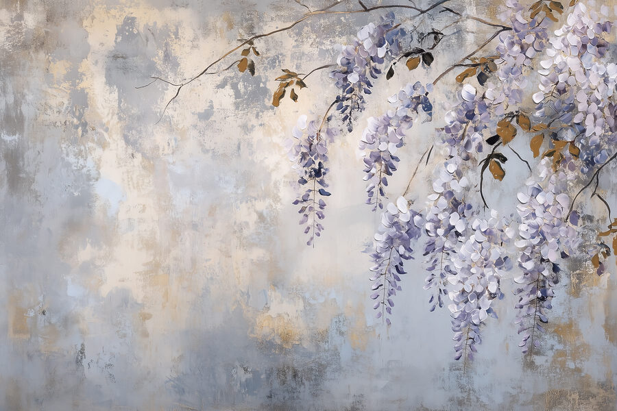 Schilderij van een tak met paarse bloemen