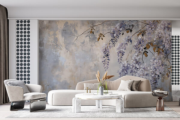 Schilderij van een tak met paarse bloemen Schilderij van een tak met paarse bloemen