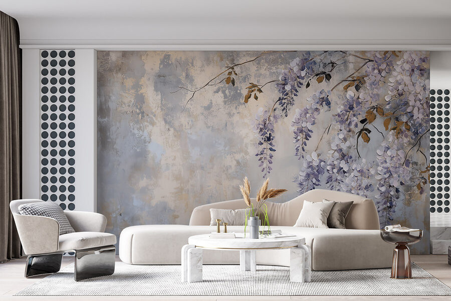 Schilderij van een tak met paarse bloemen
