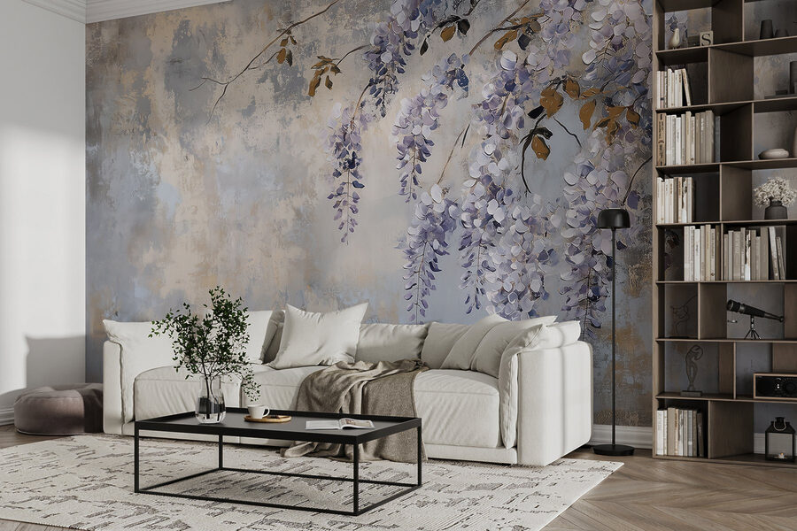 Schilderij van een tak met paarse bloemen