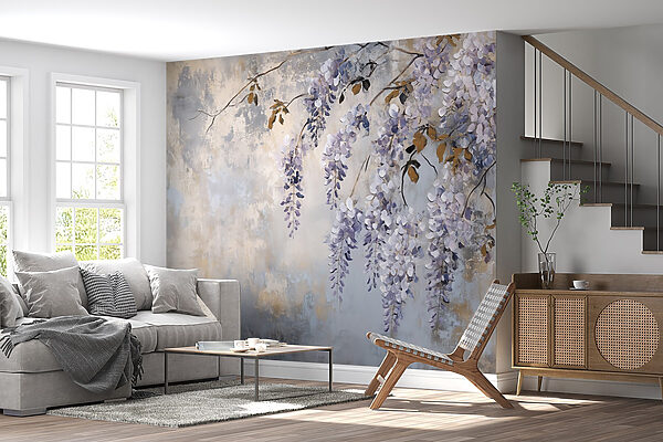 Schilderij van een tak met paarse bloemen Schilderij van een tak met paarse bloemen