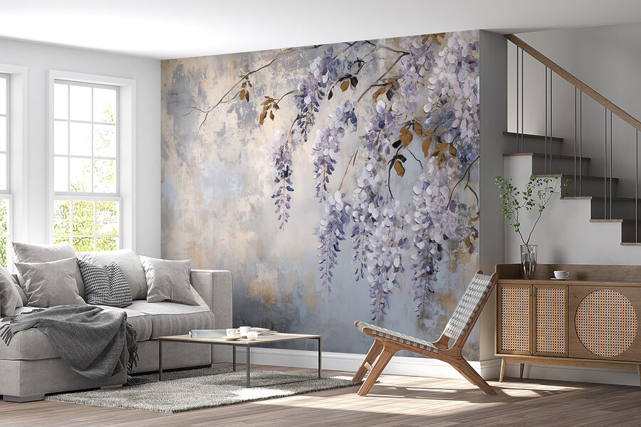 Schilderij van een tak met paarse bloemen