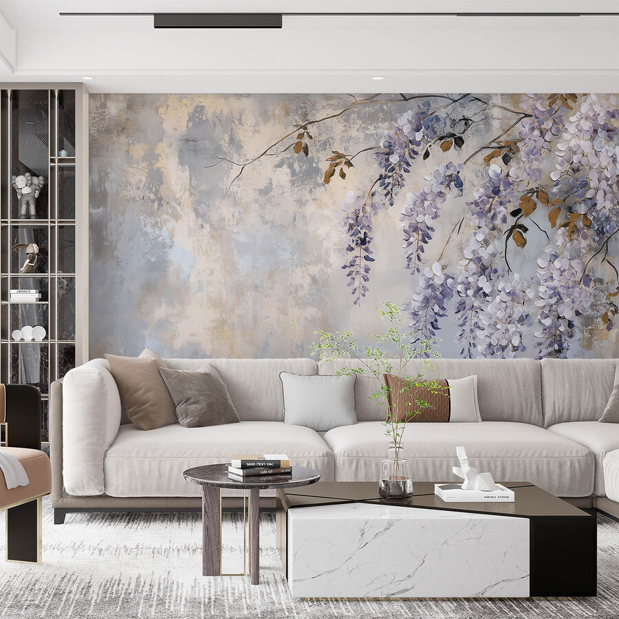 Schilderij van een tak met paarse bloemen