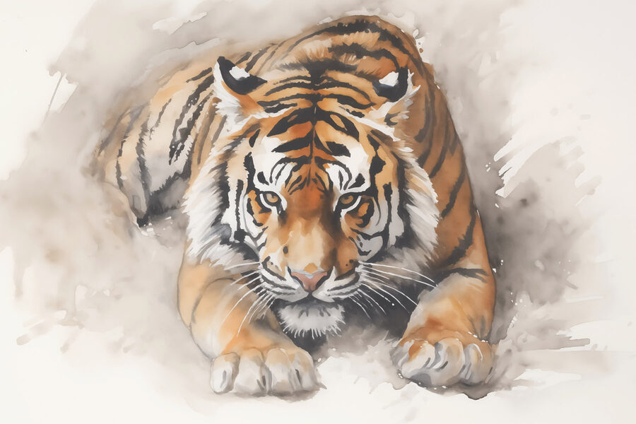 Aquarel van een liggende tijger
