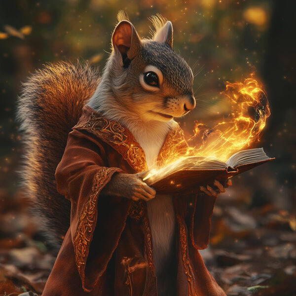 Eekhoorn met een boek waar vlammen uit komen Eekhoorn met een boek waar vlammen uit komen