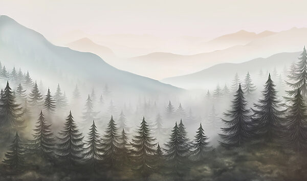 Mistig landschap met bomen en bergen Mistig landschap met bomen en bergen