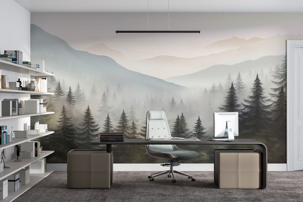 Foggy landscape with trees and mountains