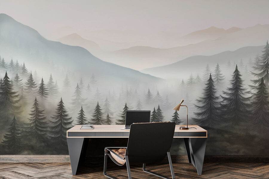 Mistig landschap met bomen en bergen
