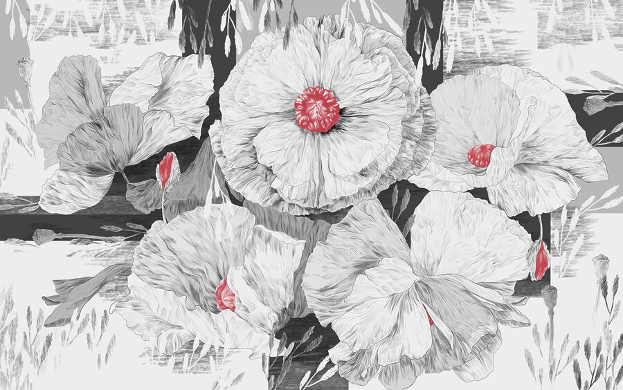 Groep witte bloemen met rood hart