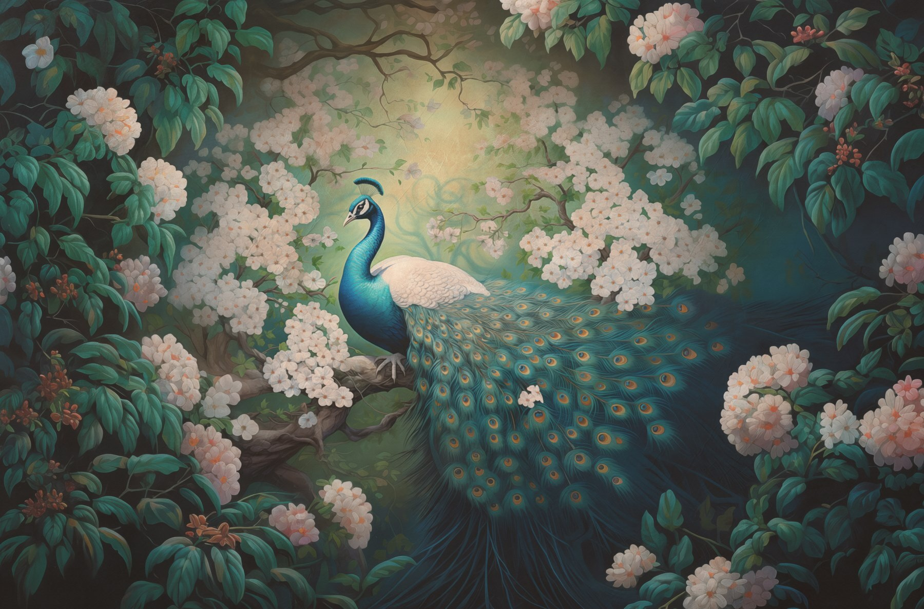 Painting of a peacock on a tree branch Painting of a peacock on a tree branch