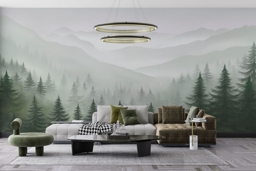 Mistig landschap met bomen en bergen