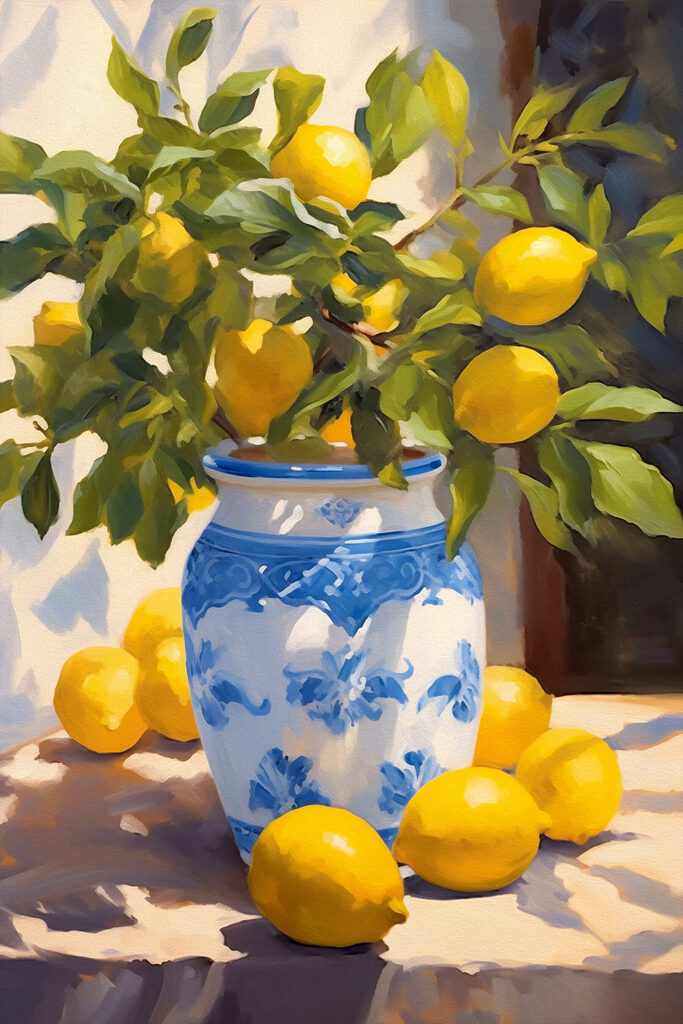 Painting of lemons in a vase Painting of lemons in a vase