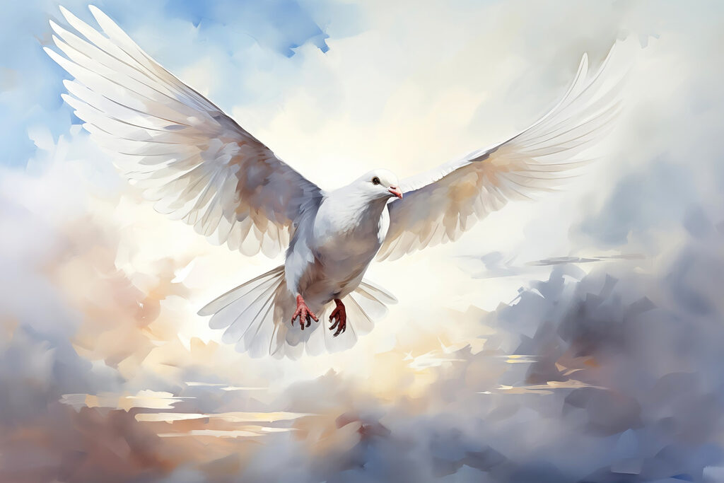 Witte duif vliegend in de lucht Witte duif vliegend in de lucht