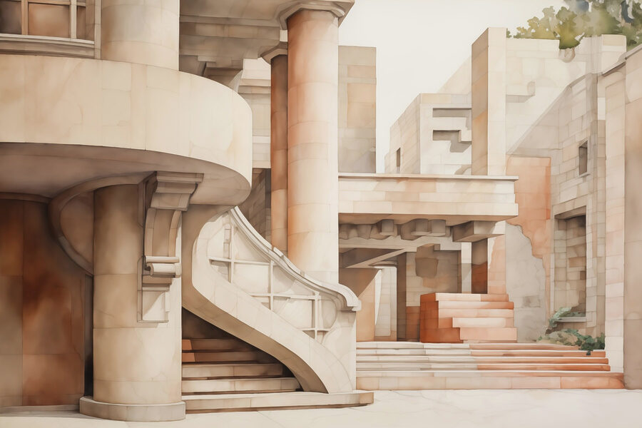Schilderij van een gebouw met trappen en treden