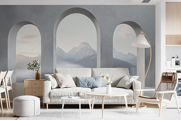 Witte kamer met boogramen en bergen op de achtergrond Witte kamer met boogramen en bergen op de achtergrond