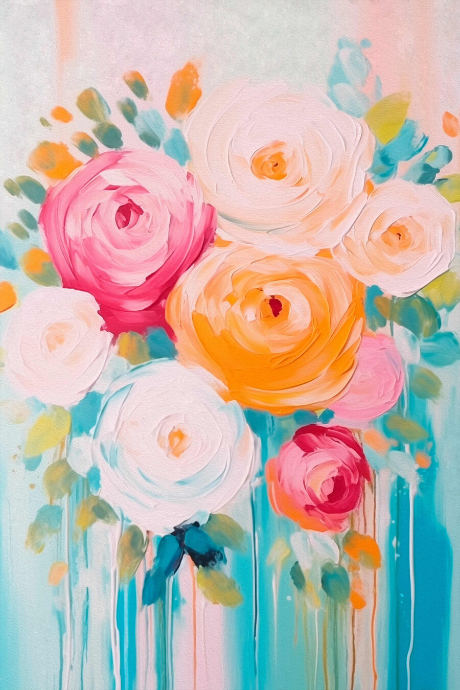 Schilderij van bloemen op een blauw oppervlak Schilderij van bloemen op een blauw oppervlak
