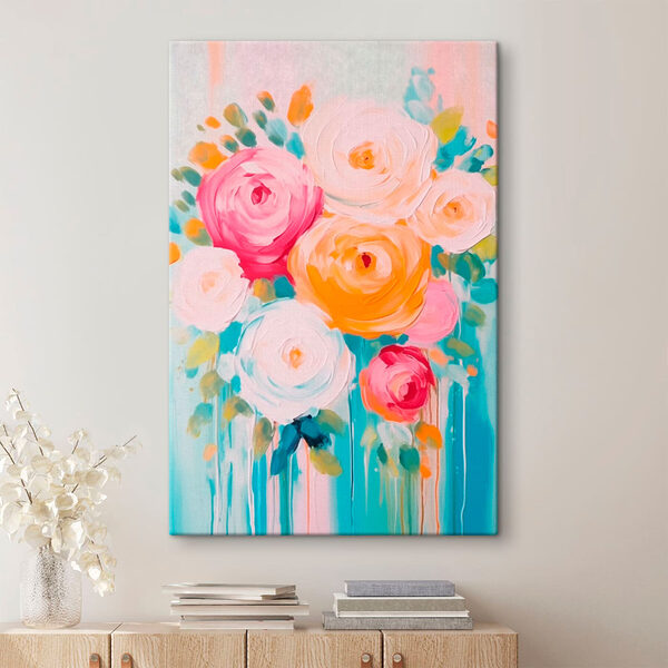 Schilderij van bloemen op een blauw oppervlak Schilderij van bloemen op een blauw oppervlak