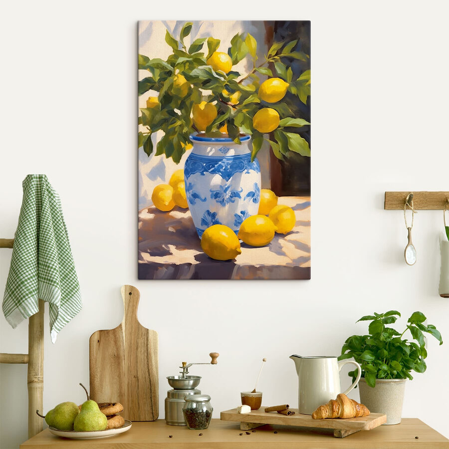 Schilderij van citroenen in een vaas