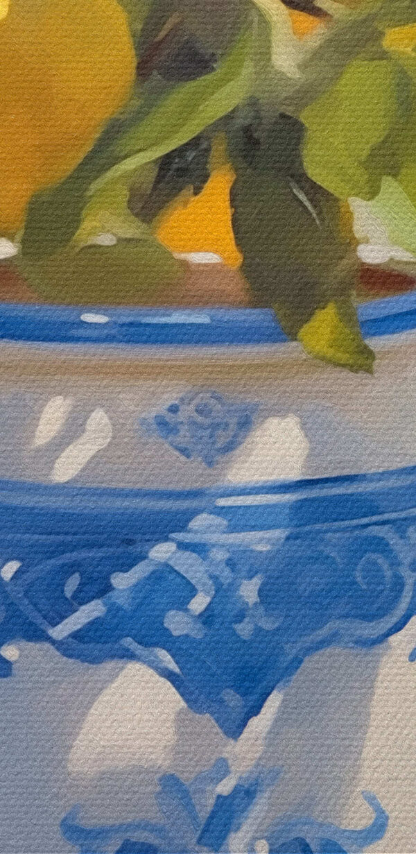 Schilderij van citroenen in een vaas Schilderij van citroenen in een vaas