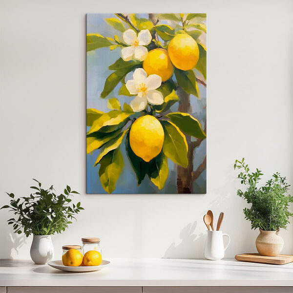 Schilderij van citroenen en bloemen op een boom Canvas Schilderijen Schilderij van citroenen en bloemen op een boom