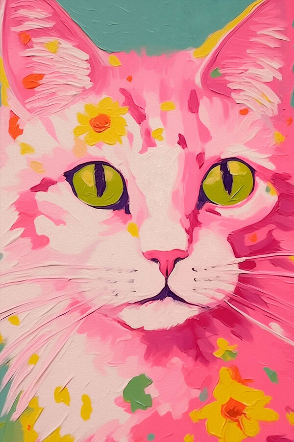 Schilderij van een kat met bloemen erop Schilderij van een kat met bloemen erop