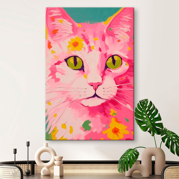 Schilderij van een kat met bloemen erop Schilderij van een kat met bloemen erop