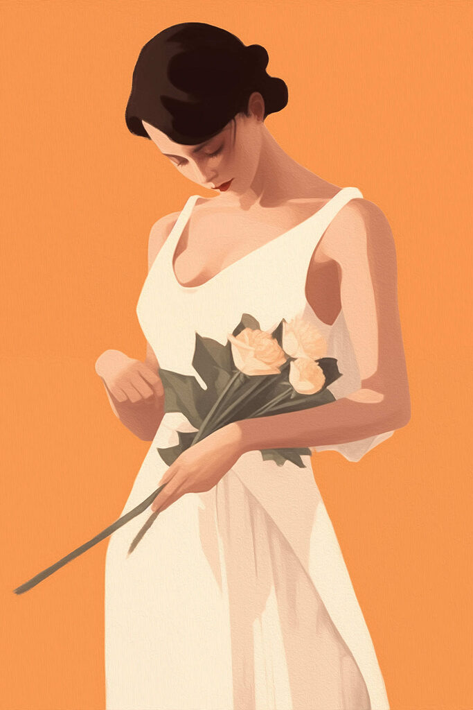 Woman in a white dress holding flowers Woman in a white dress holding flowers
