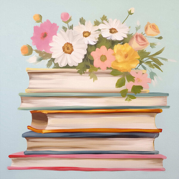 Schilderij van een stapel boeken met bloemen erop Schilderij van een stapel boeken met bloemen erop