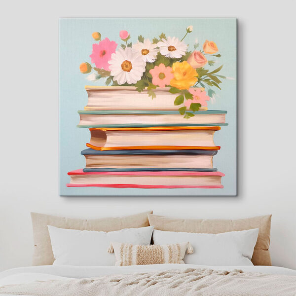 Schilderij van een stapel boeken met bloemen erop Schilderij van een stapel boeken met bloemen erop