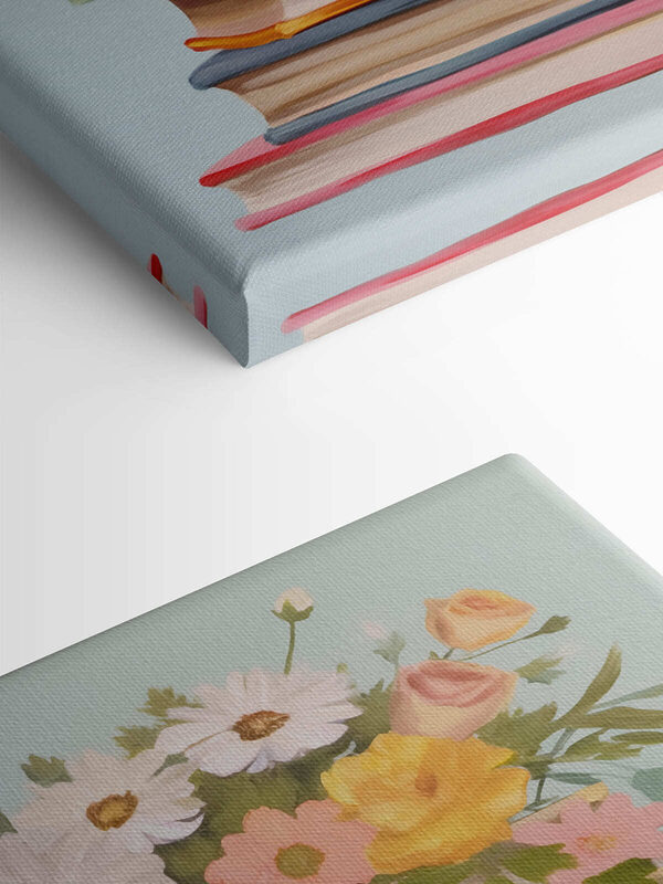 Schilderij van een stapel boeken met bloemen erop Schilderij van een stapel boeken met bloemen erop