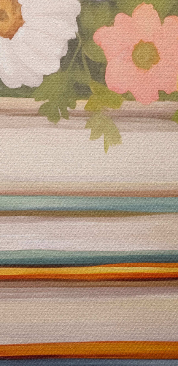 Schilderij van een stapel boeken met bloemen erop Schilderij van een stapel boeken met bloemen erop