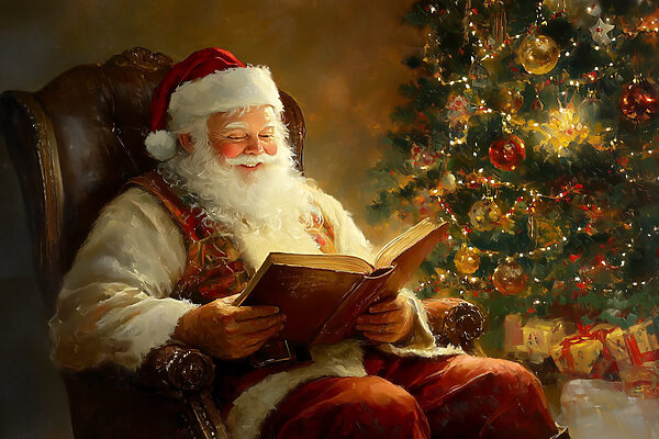 Schilderij van een kerstman die een boek leest Schilderij van een kerstman die een boek leest