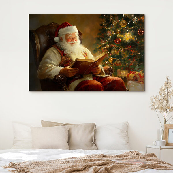 Schilderij van een kerstman die een boek leest Schilderij van een kerstman die een boek leest
