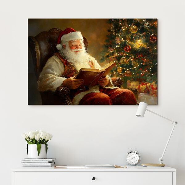Schilderij van een kerstman die een boek leest Schilderij van een kerstman die een boek leest
