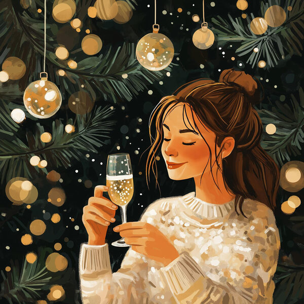 Vrouw met een glas champagne onder een kerstboom Vrouw met een glas champagne onder een kerstboom