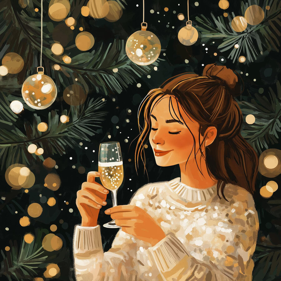 Vrouw met een glas champagne onder een kerstboom