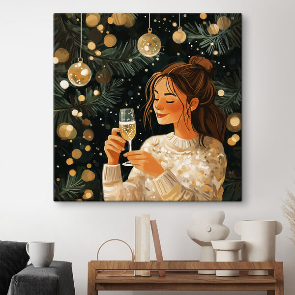 Vrouw met een glas champagne onder een kerstboom Vrouw met een glas champagne onder een kerstboom