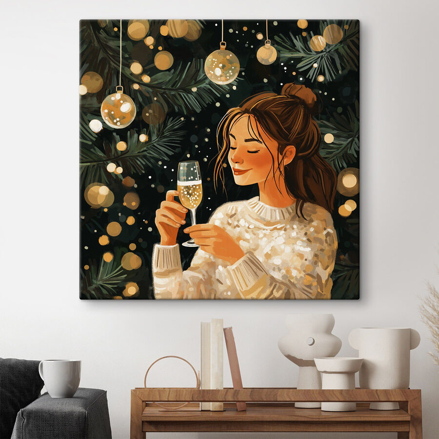 Vrouw met een glas champagne onder een kerstboom