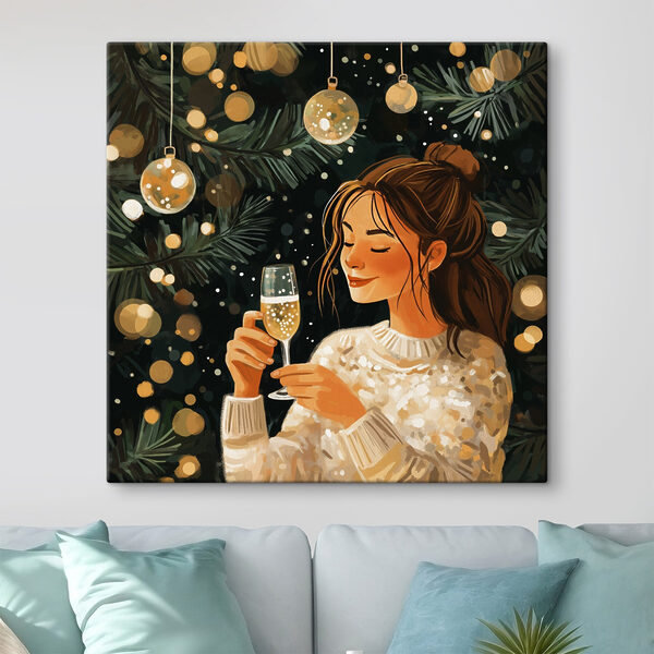 Vrouw met een glas champagne onder een kerstboom Vrouw met een glas champagne onder een kerstboom