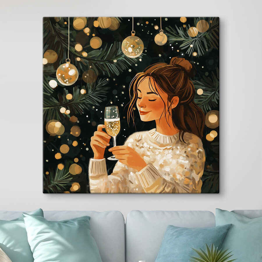 Vrouw met een glas champagne onder een kerstboom