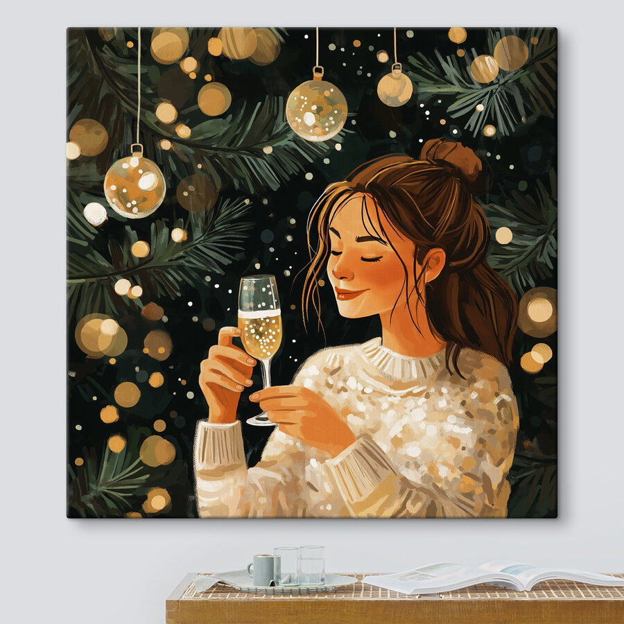 Vrouw met een glas champagne onder een kerstboom